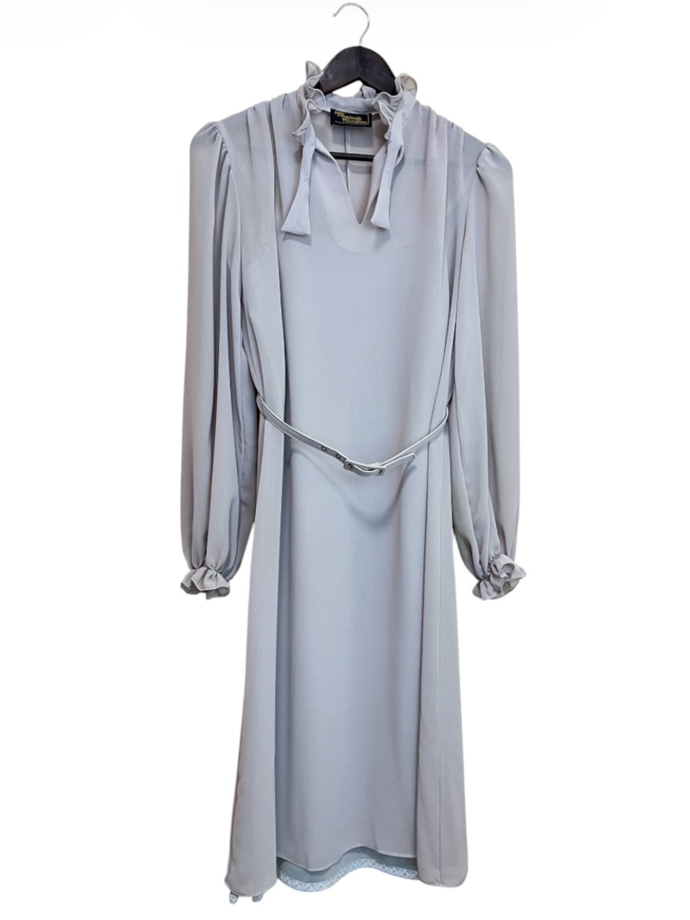 Vintage Marjorie Hamilton Light Grey Tie-Neck Long Sleeve Midi Dress
